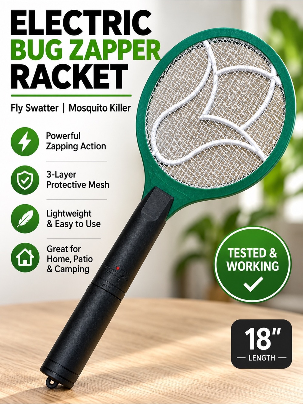 Electric Fly Swatter Bug Zapper Racket Mosquito Killer 18” Green